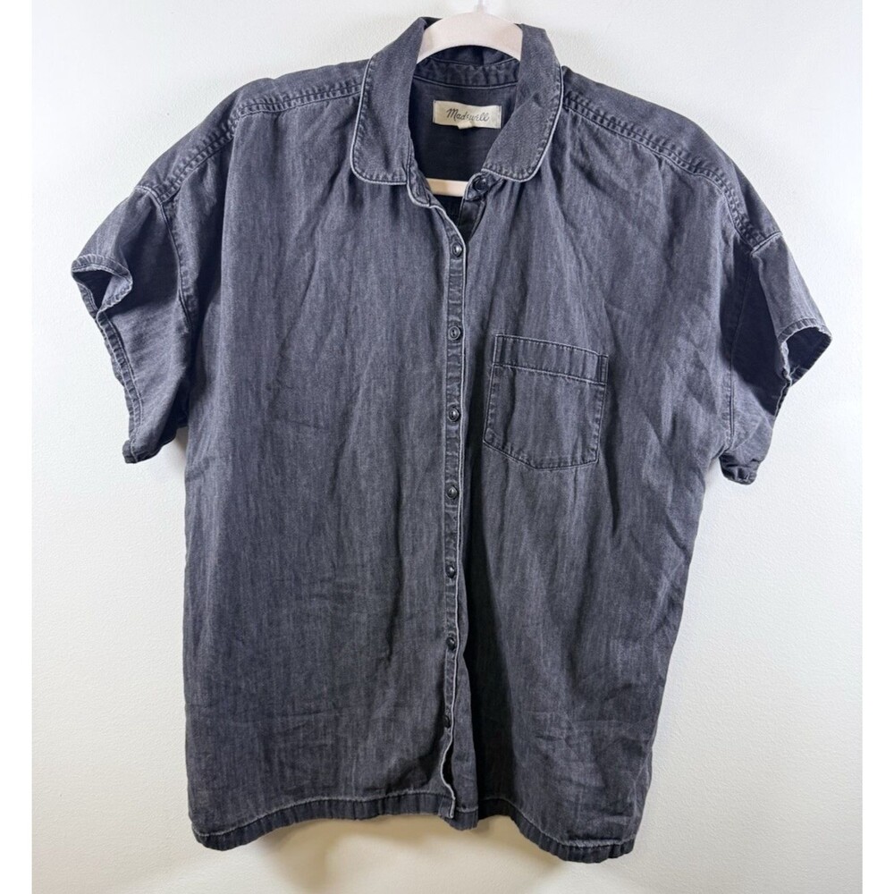 Madewell Black Lightweight Denim Cotton Solid Short Sleeve Button-Up Shirt M